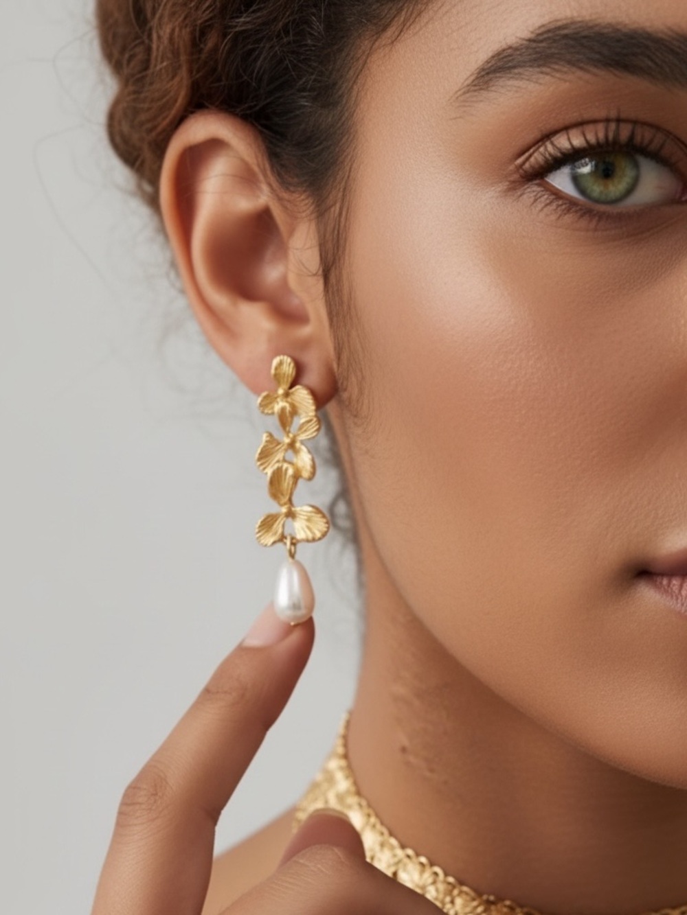 18k Gold Plated Floral Drop Earrings with Pearl Dangles. New.